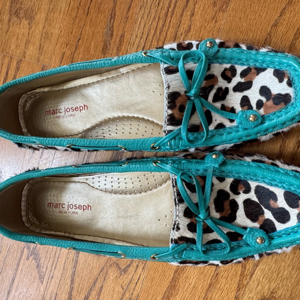 Marc Joseph Teal Trim Leopard Print Moccasins